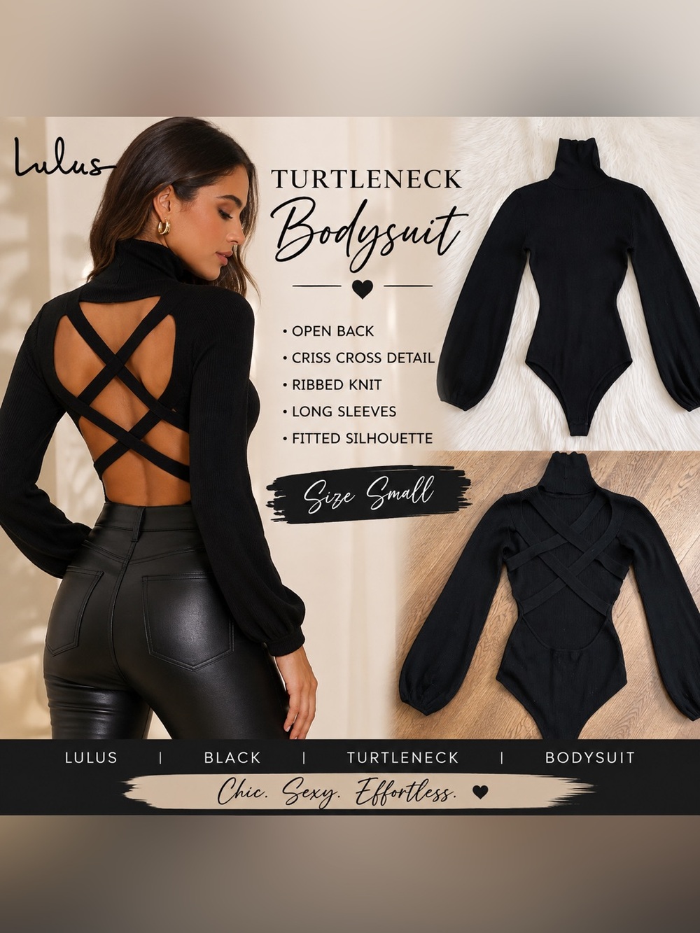Lulus Black Ribbed Turtleneck Bodysuit Open Back Criss Cross Size Small